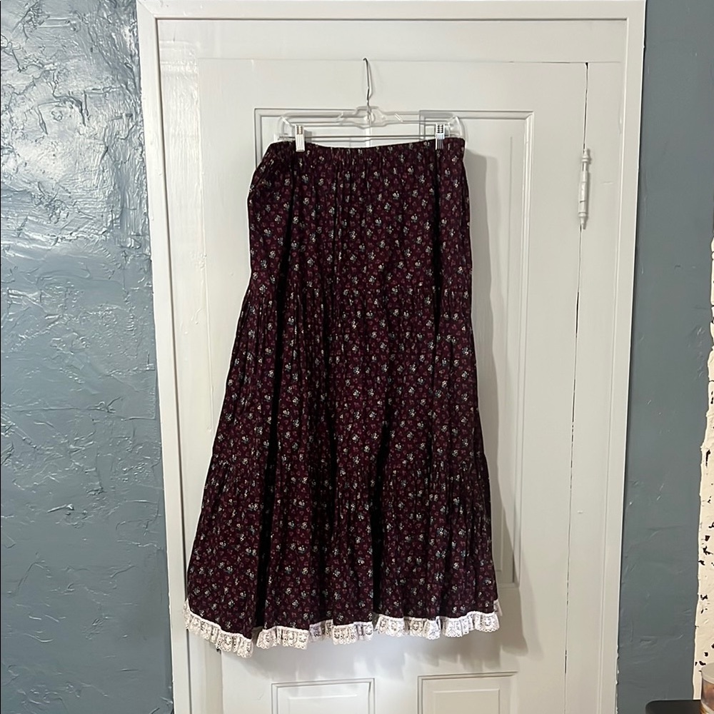 Floral Burgundy Skirt with Lace Trim - Hand tailored